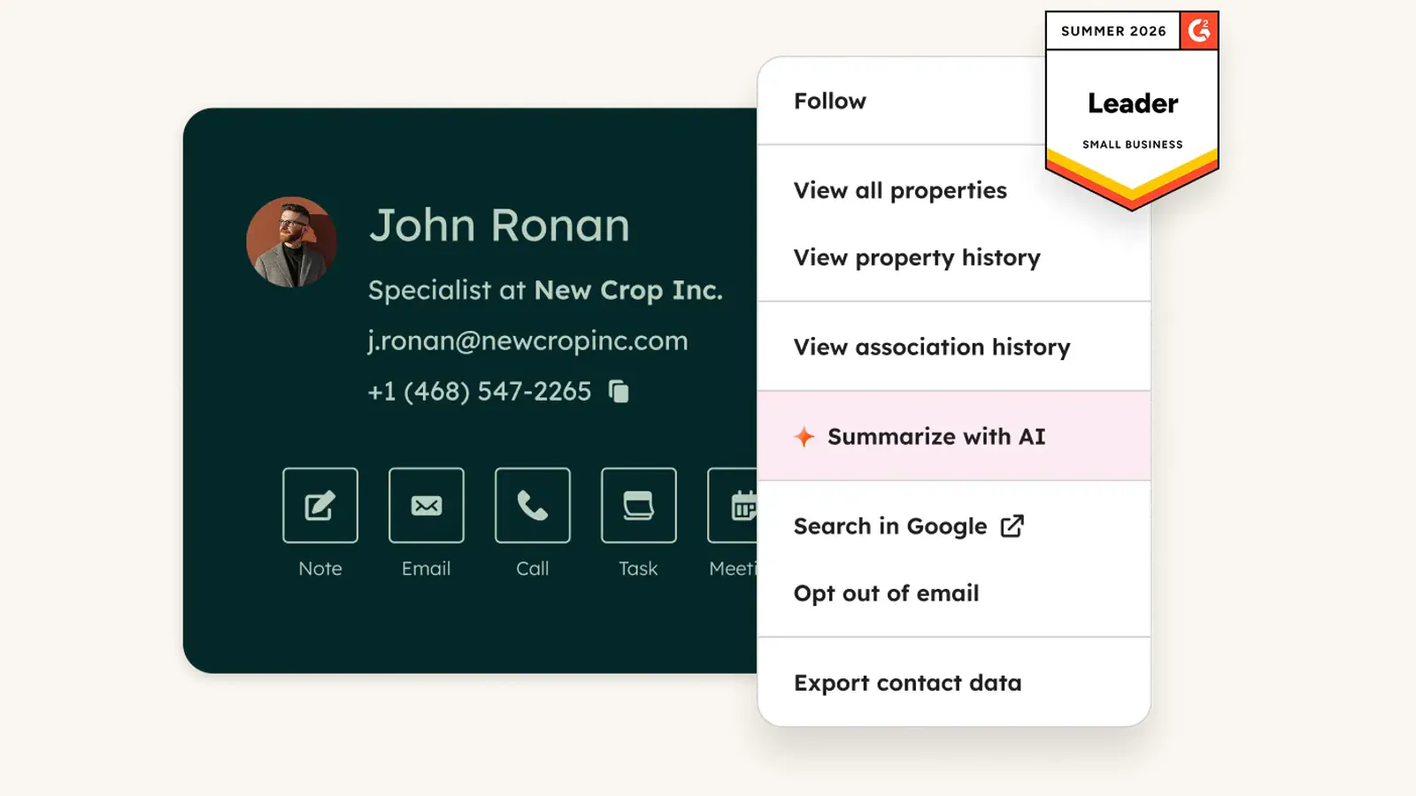 HubSpot's public CRM demonstration showing sample contact, deal and task interface elements