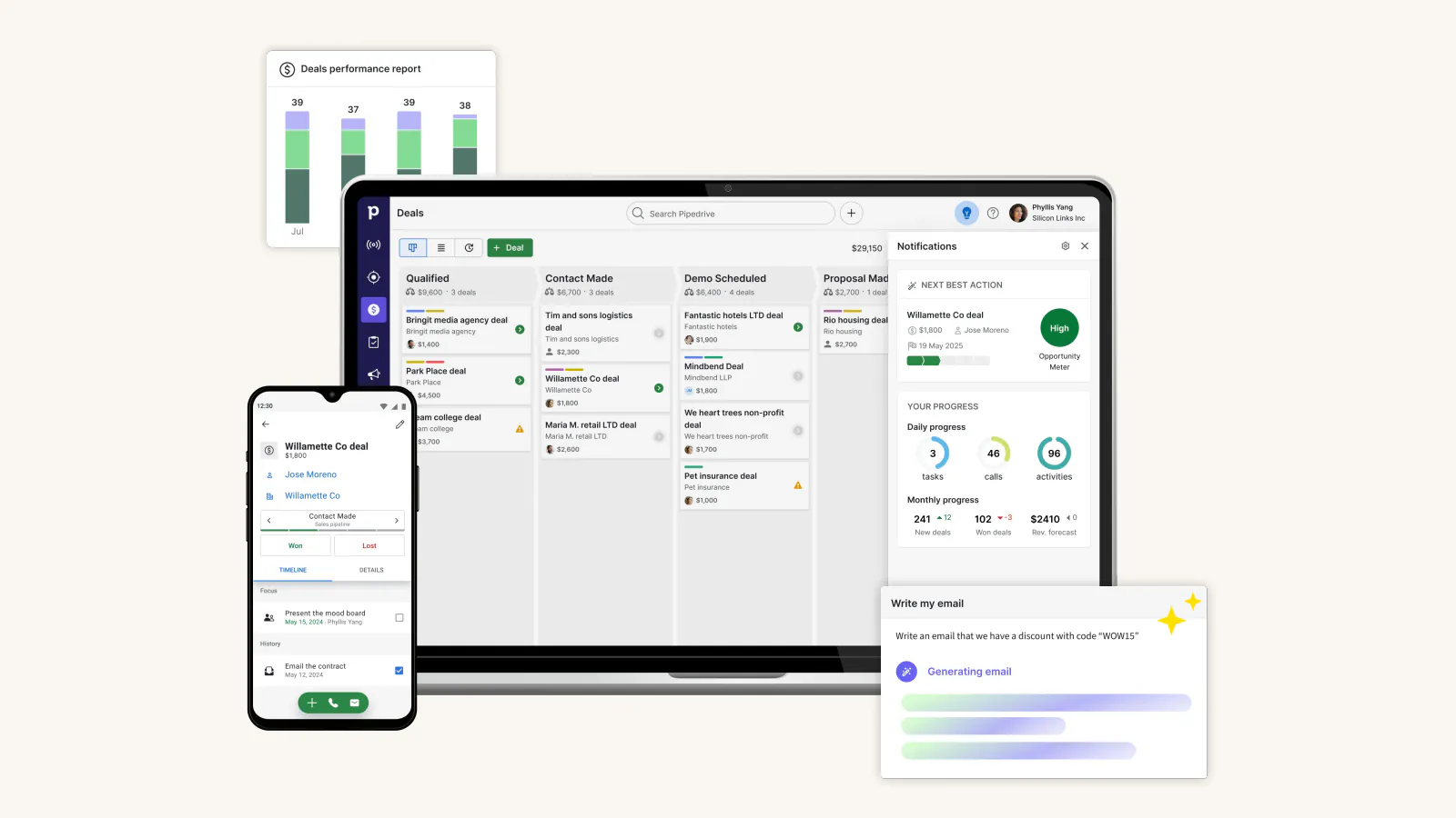 Pipedrive's public CRM illustration showing a sample deal pipeline alongside mobile and reporting views