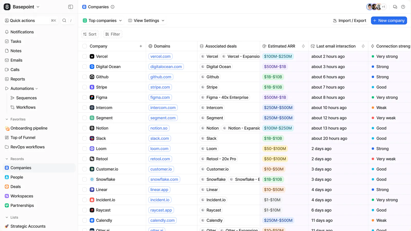 Attio's public startup CRM example showing a sample company-record table with customizable columns