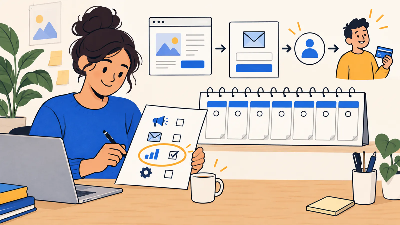 Founder checks a seven-day marketing software trial against site visits, inquiries and a paid-customer outcome on separate stages