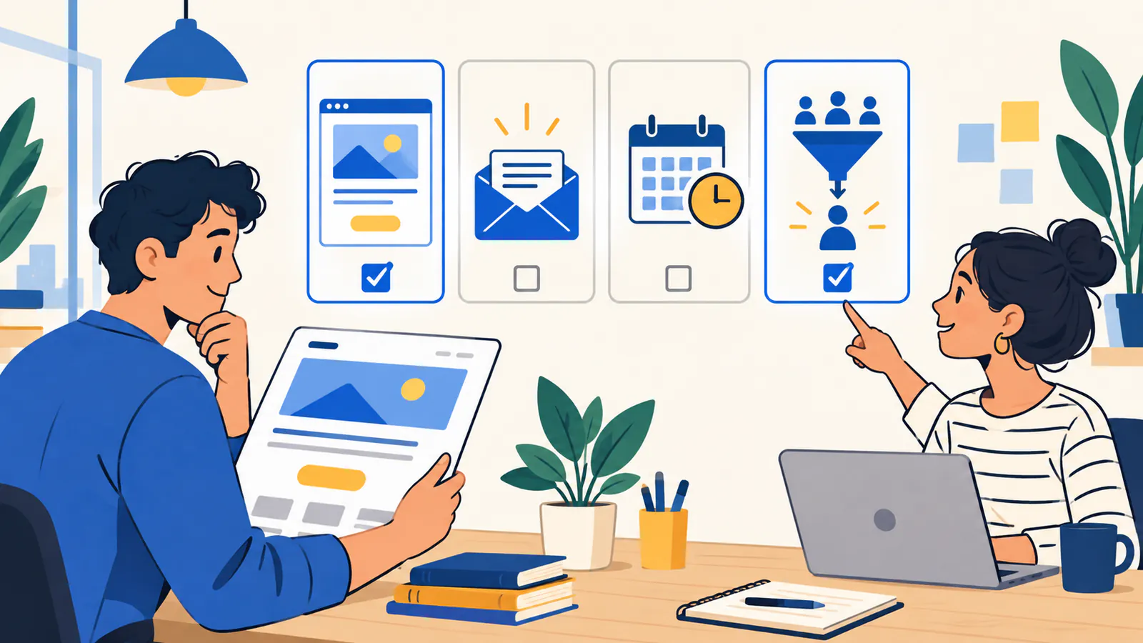 Two founders select a startup landing page and a visitor-to-customer measurement job from a small marketing software stack