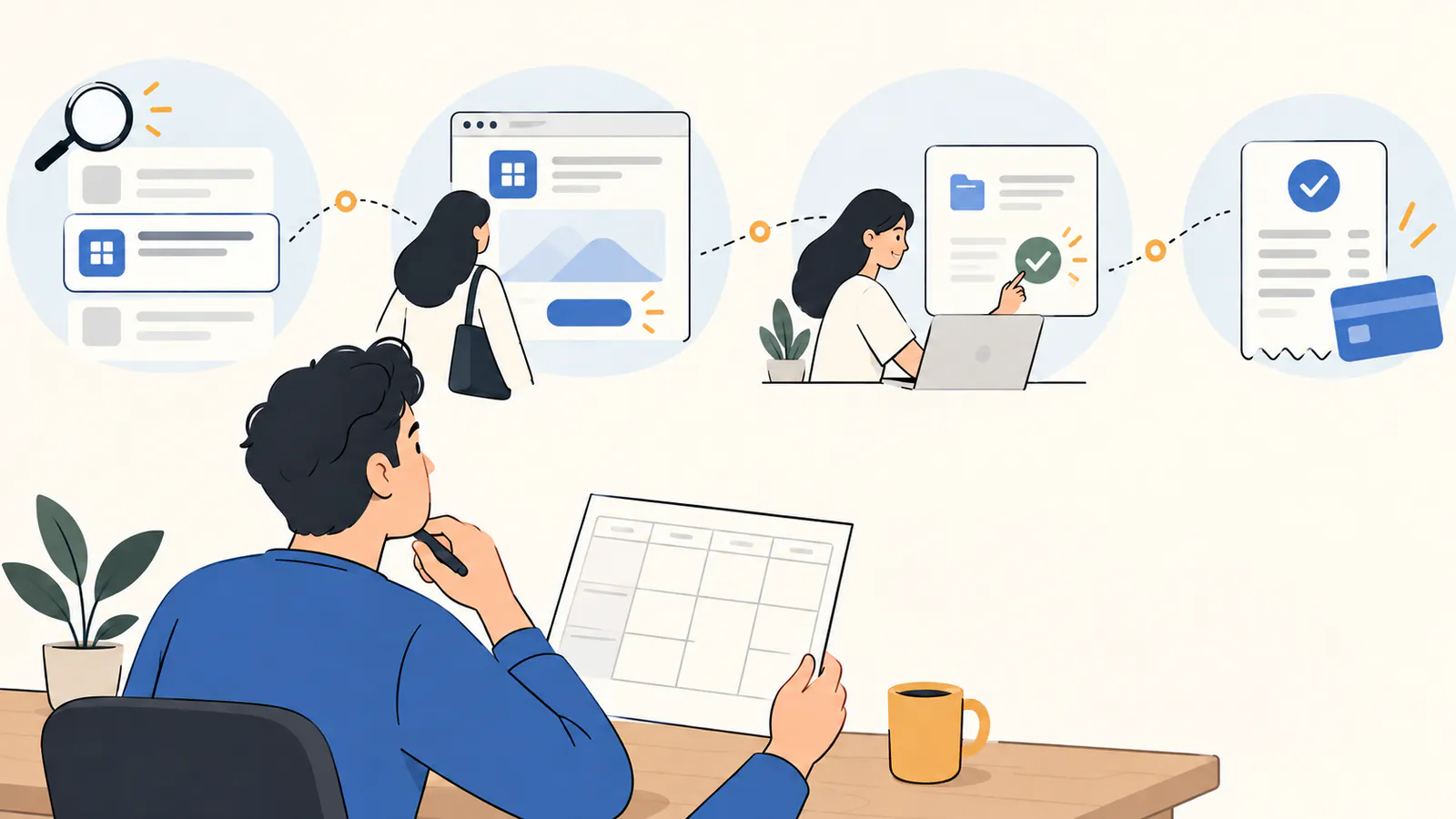 Founder separates software discovery, a site visit, a completed first-use action and a paid order on a blank weekly worksheet
