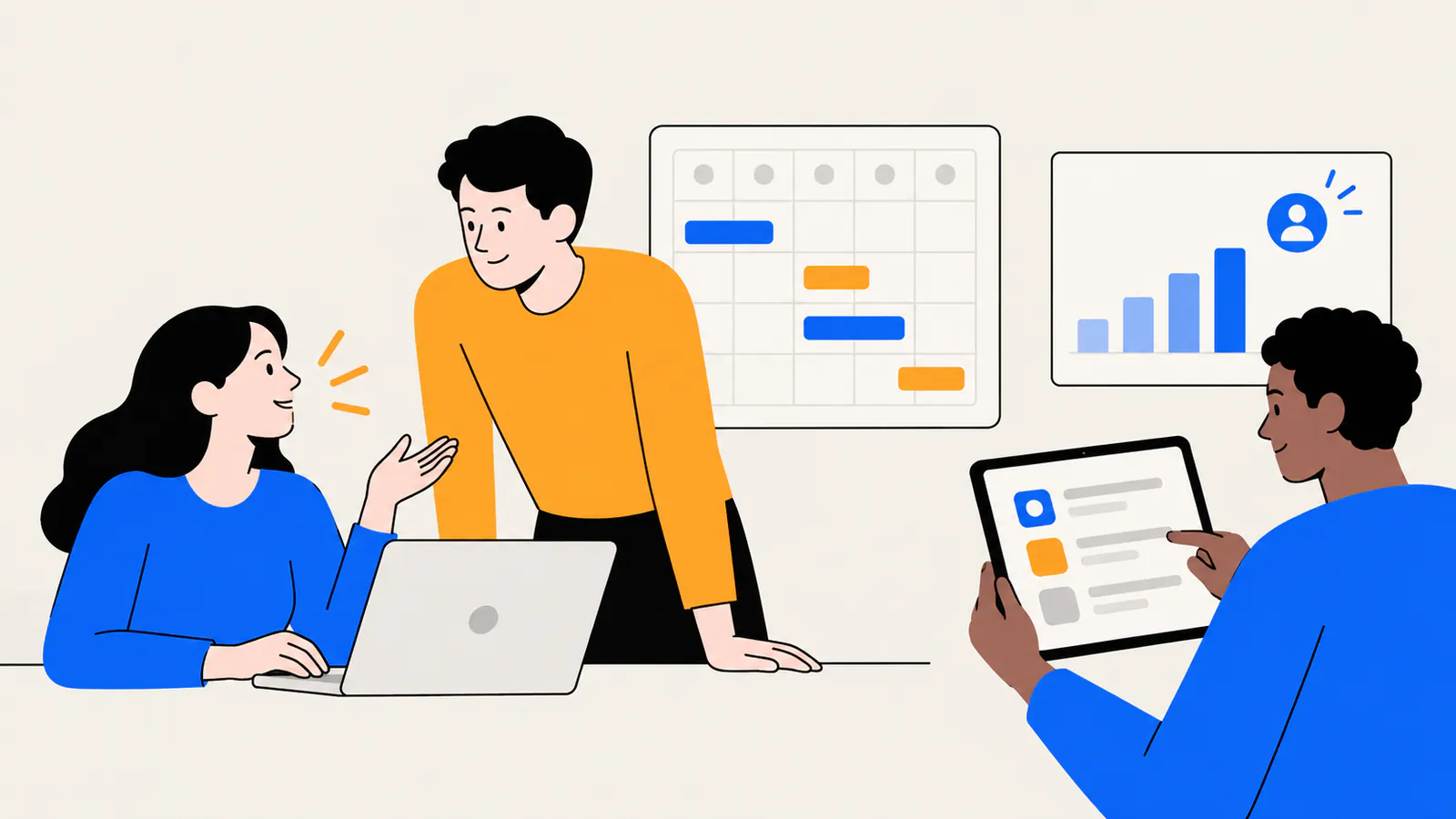 Founder checking a launch calendar, directory listing, customer questions and qualified signup chart