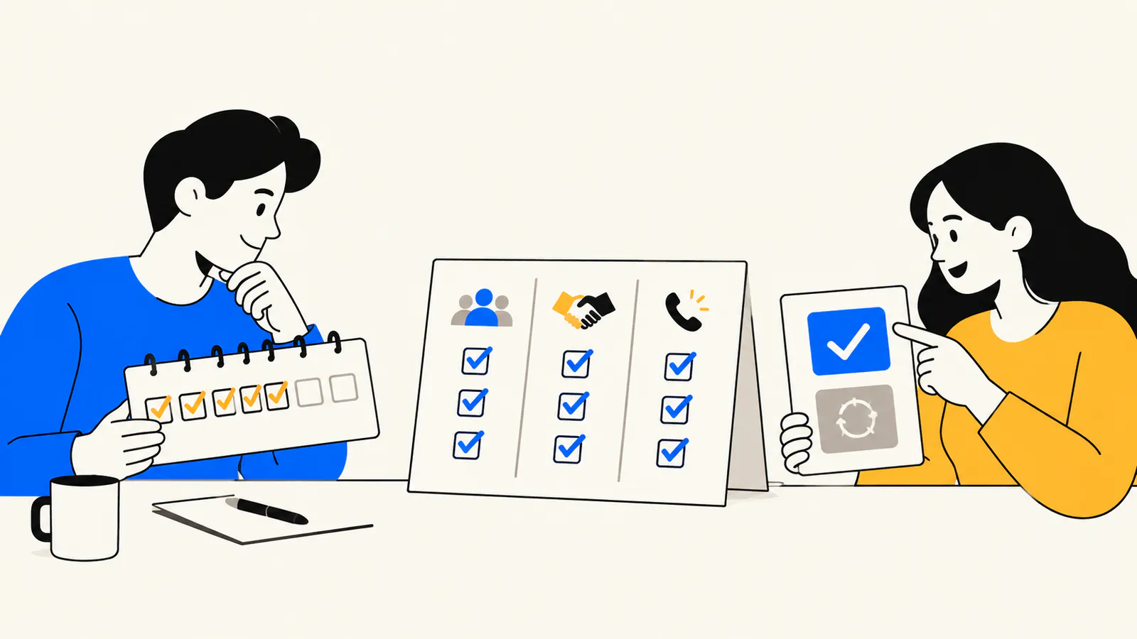 Two founders reviewing a short pilot calendar and checking actual meetings, agreed next steps and completed follow-ups